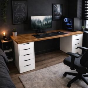 Escritorio Gamer 180 cm Melamina con Cajones Tablero 36 mm Color Madera y Blanco | Innovaciones Lumik