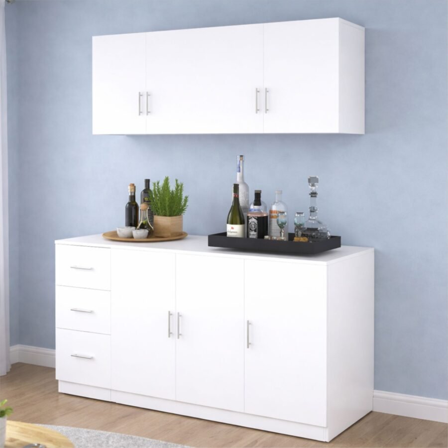 Aparador Buffet Blanco 150 cm con Mueble Aéreo – Organizador para Cocina o Comedor | Innovaciones Lumik