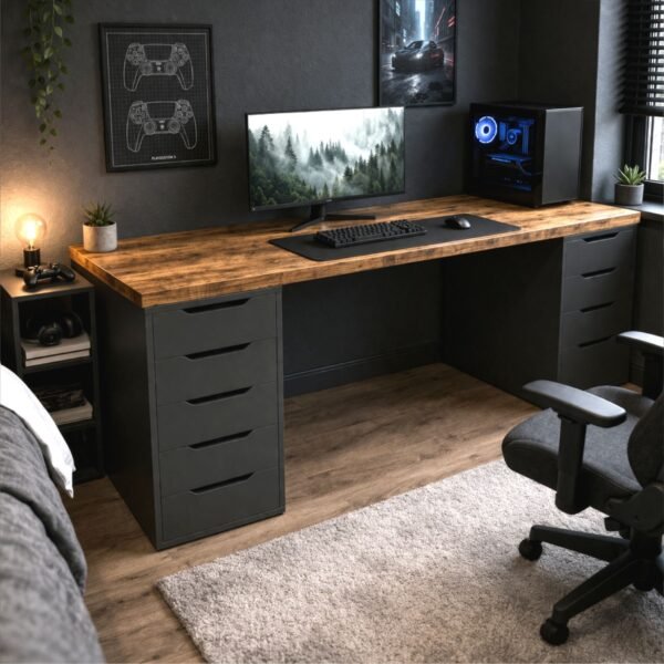 Escritorio Gamer 180 cm Melamina con Cajones Tablero 36 mm Color Madera y Negro | Innovaciones Lumik