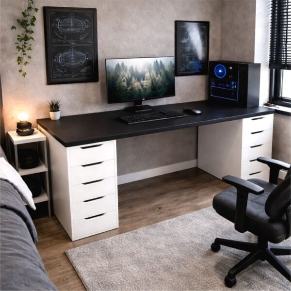 Escritorio Gamer 180 cm Melamina con Cajones Tablero 36 mm Blanco y Negro | Innovaciones Lumik