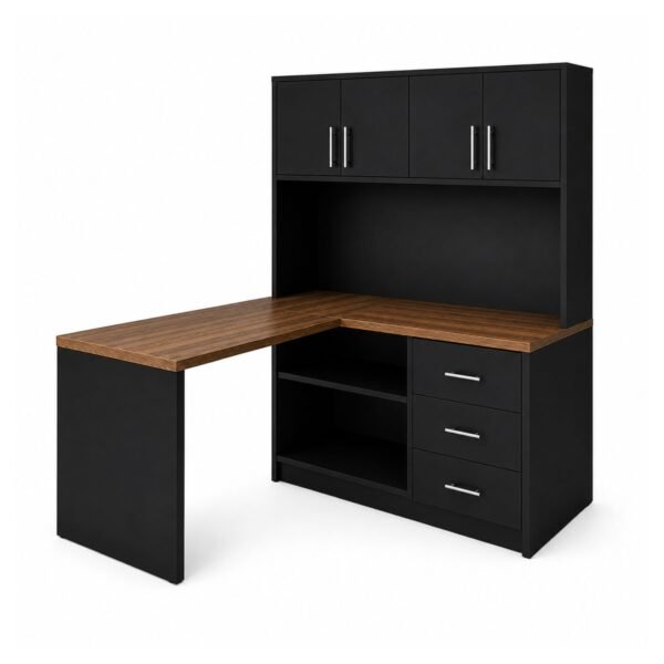 Escritorio en L con Estante Negro y Madera | Innovaciones Lumik