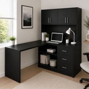 Escritorio en L Negro con Estante, Puertas y Cajones | Innovaciones Lumik