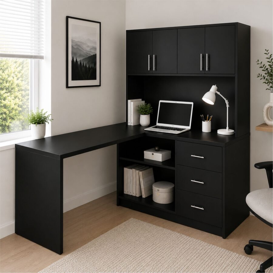 Escritorio en L Negro con Estante, Puertas y Cajones | Innovaciones Lumik