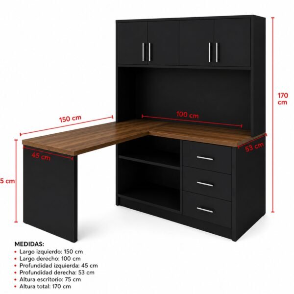 Escritorio en L con Estante Negro y Madera | Innovaciones Lumik