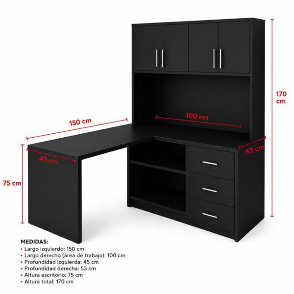 Escritorio en L Negro con Estante, Puertas y Cajones | Innovaciones Lumik