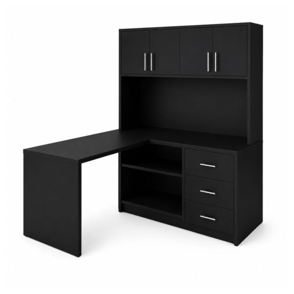 Escritorio en L Negro con Estante, Puertas y Cajones | Innovaciones Lumik