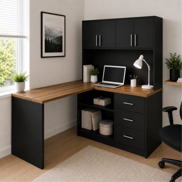 Escritorio en L con Estante Negro y Madera | Innovaciones Lumik