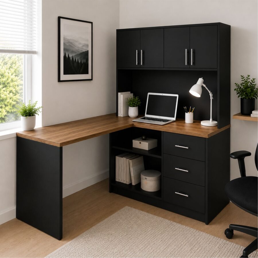 escritorio-negro-madera-home-office-innovaciones-lumik Escritorio en L con Estante Negro y Madera | Innovaciones Lumik