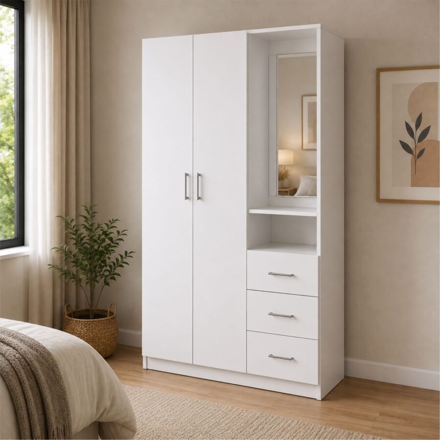 ropero-blanco-con-espejo-cajones-2-puertas Ropero Blanco con Espejo, Cajones y 2 Puertas | Melamina 18 mm | Innovaciones Lumik