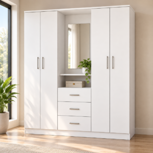 Ropero de Melamina 18 mm Blanco de 180 cm con 4 Puertas, Espejo y 3 Cajones | Innovaciones Lumik