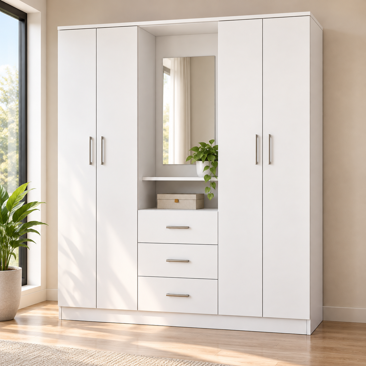 Ropero de Melamina 18 mm Blanco de 180 cm con 4 Puertas, Espejo y 3 Cajones | Innovaciones Lumik