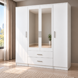 Ropero de Melamina 18 mm Blanco de 180 cm con 4 Puertas, 2 Espejos y 2 Cajones | Innovaciones Lumik