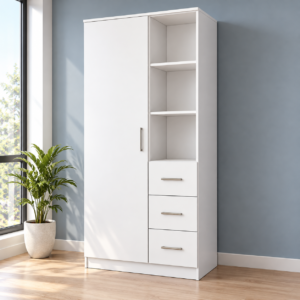 Ropero de Melamina 18 mm Blanco de 180 cm con 1 Puerta, 3 Cajones y Estantes | Innovaciones Lumik